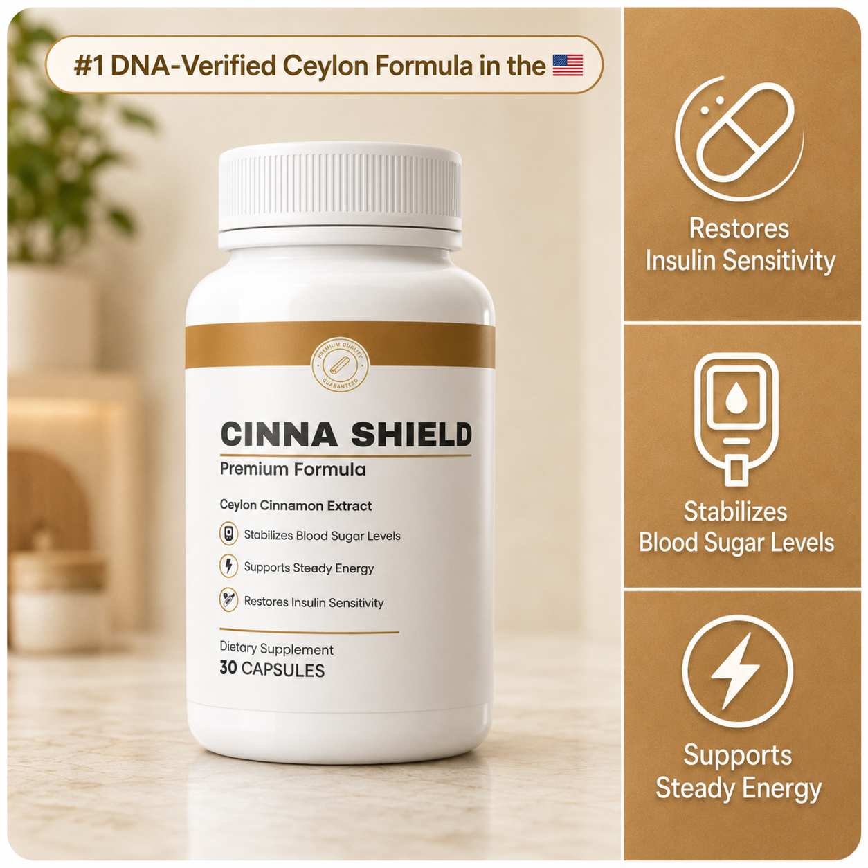 Cinna Shield DNA-verified Ceylon cinnamon bottle — 30 capsules